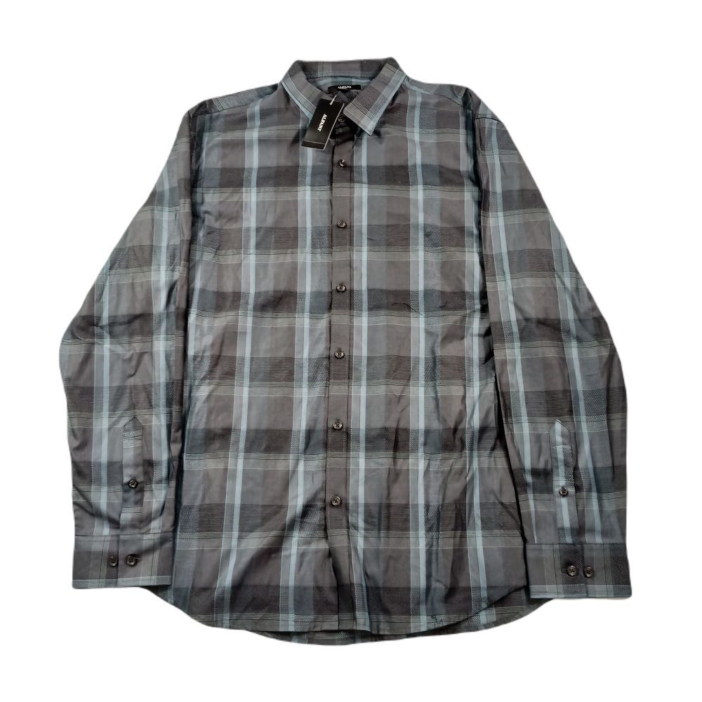 Alfani Plaid Dobby Shirt Mens XL Deep‎ Black Lomia Yarn-Dyed Button-Down $60